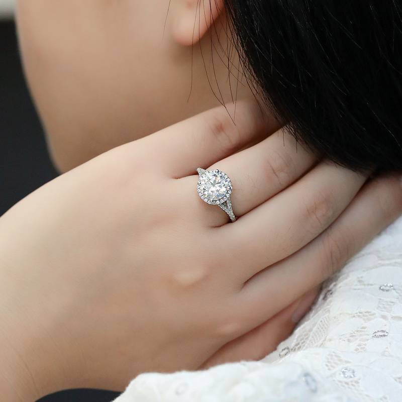 双臂圆包S925银镀白金MoissaniteWomen's Ring3.0ctD级